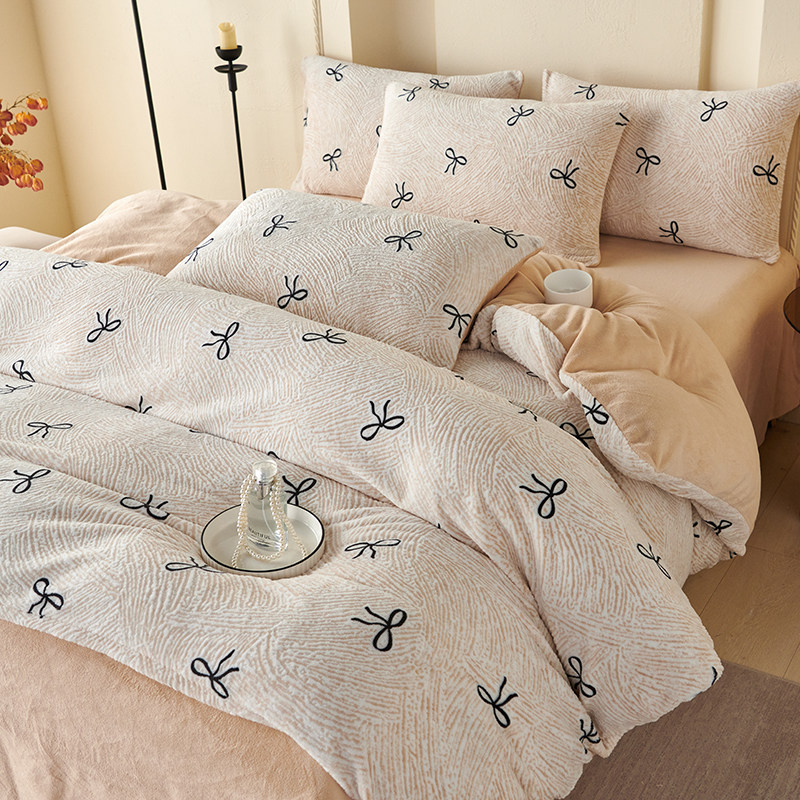 冬季雕花ins蝴蝶结牛奶绒四件套珊瑚绒被套床单床笠款宿舍三件套,床上用品,床品套件/四件套/多件套,淘宝优惠券,粉丝福利购,淘宝优惠卷