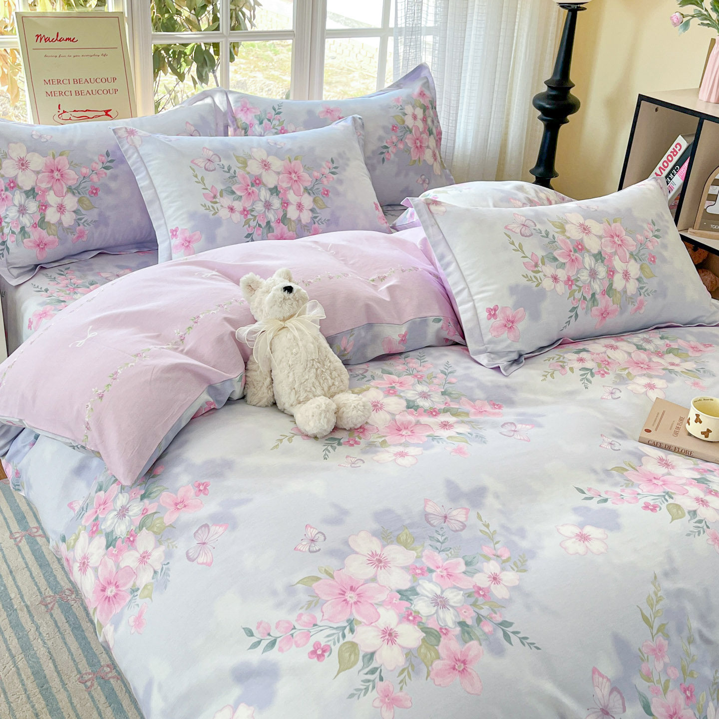 2026新款渐变田园紫花全棉床上四件套纯棉宿舍三件套被套床单床笠,床上用品,床品套件/四件套/多件套,淘宝优惠券,粉丝福利购,淘宝优惠卷