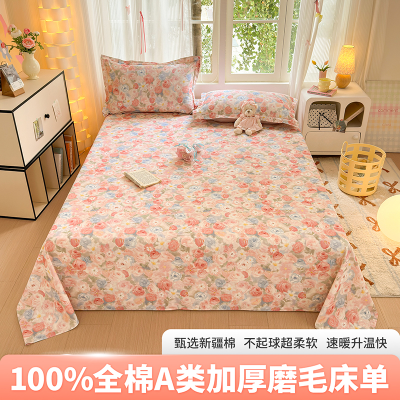 2025新款田园A类加厚纯棉磨毛床单单件100全棉秋冬单人宿舍三件套
