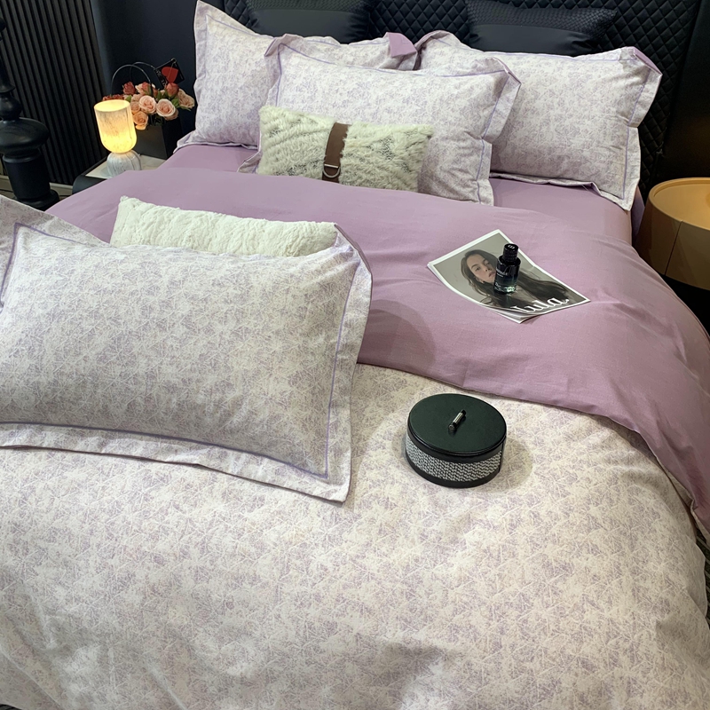 2025秋冬新款全棉加厚磨毛床上四件套纯棉60支简约高级紫被套床单