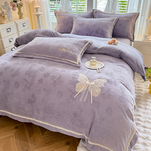 冬季韩版紫色蝴蝶雕花绒牛奶绒床上四件套珊瑚绒被套加绒床单床笠
