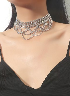 欧美时尚奢华闪亮水钻颈链女气质百搭流苏项链束颈链新娘礼服配饰