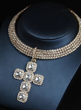 欧美夸张十字架吊坠水钻宝石多排项圈女时尚宴会礼服新娘拍摄饰品