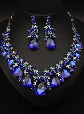 奢华水晶宝石水滴叶子项链套装女