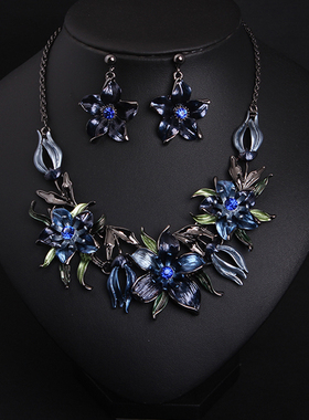 高端精致蓝色花朵耳环女项链