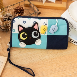可爱啵啵猫620219猫咪鱼儿长款 钱包手拿包纯棉布多卡位多层大容量