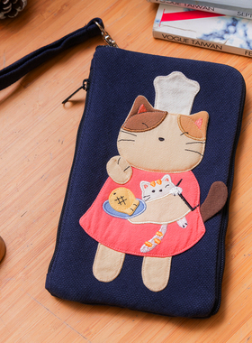 台湾啵啵猫 620213 可爱猫咪纯棉布艺大屏手机袋双拉链越南产进口