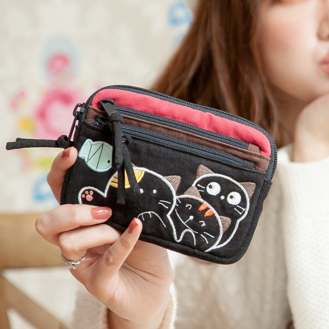 可爱啵啵猫 120929 可爱伙伴黑猫多层多口袋布艺零钱包多拉链,箱包皮具/热销女包/男包,钱包,淘宝优惠券,粉丝福利购,淘宝优惠卷