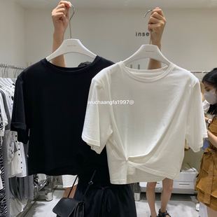 上衣侧边搭扣两穿不规则t恤女ins潮 inseven新款 短款 高腰修身 短袖