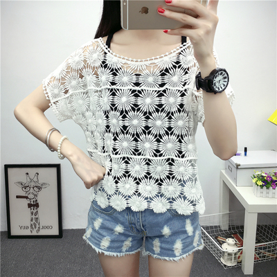 宽松大码罩衫女夏勾花小坎肩蕾丝