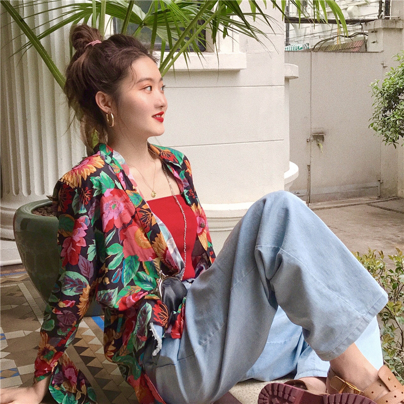 Real Price vintage floral shirt, western style long sleeve sunscreen Top + Red suspender vest