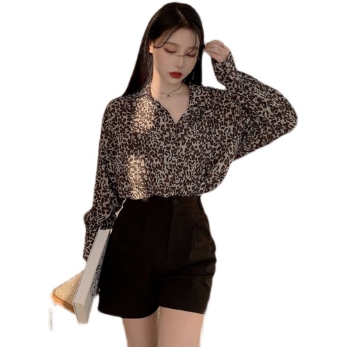 Real price retro fashion Leopard Print Shirt loose Lapel long sleeve shirt women's shirt