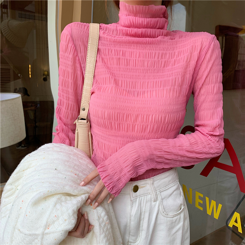 Real price black high collar lace bottomed shirt women's long sleeve with pleated push collar mesh top T-shirt