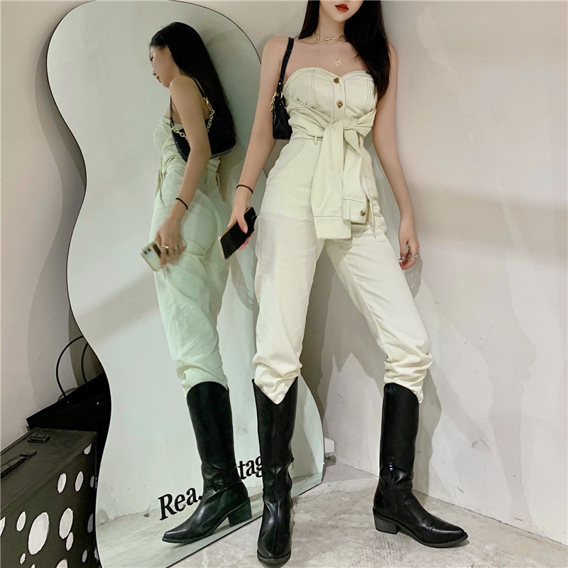 Real shot real price retro one shoulder one piece pants women's high waist sexy bra medium length + black suit coat