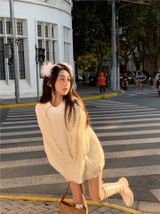 Autumn and winter new Korean twist knitting loose medium and long Pullover white woolen women's clothing