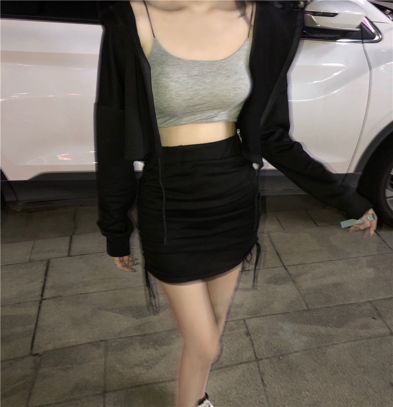 Real-price pull-rope cap jacket, cardigan jacket, knitted half-length skirt and suspender vest