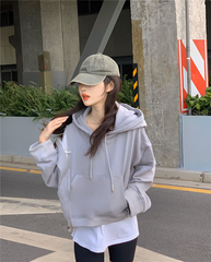 Real price grey hooded sweater women's loose and lazy coat off shoulder zipper top