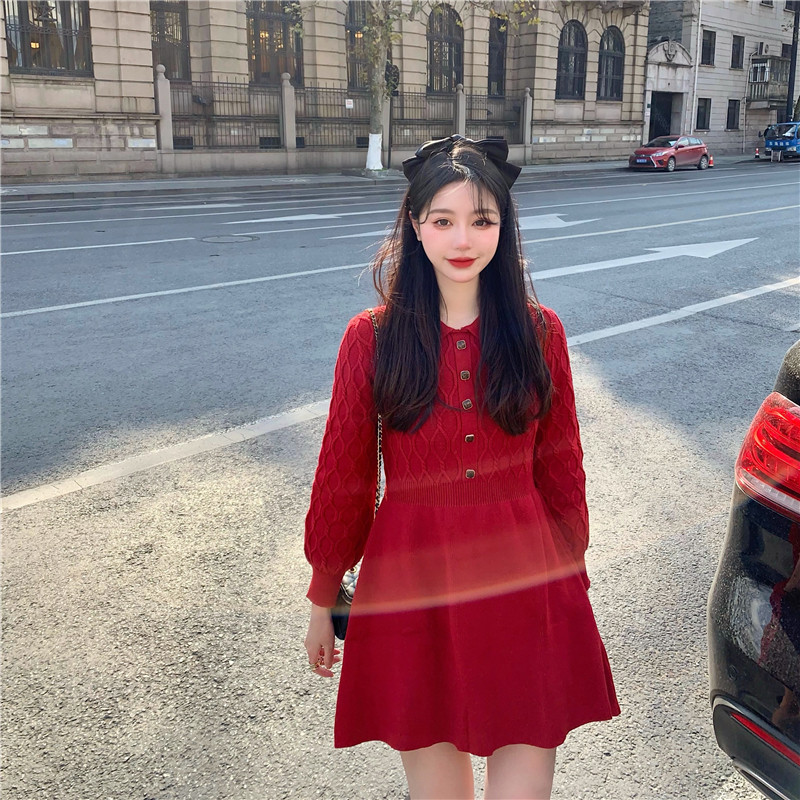 Real price new year's red bottomed knitted dress winter bottomed sweater woolen dress