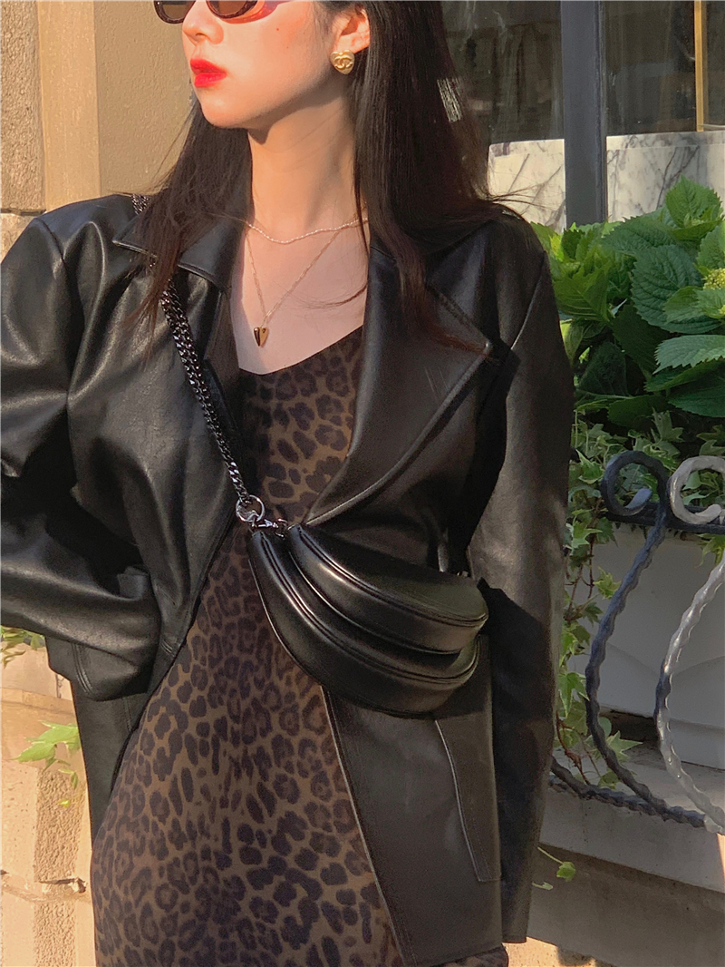 Real price collar Sexy Leopard Print suspender skirt with dress + fashionable silhouette leather suit coat