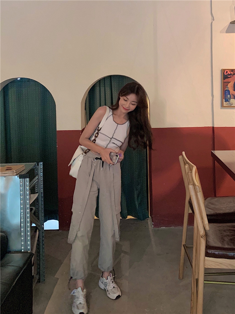 Real price heavy industry open line stitching embroidered vest top + high waist leggings and overalls