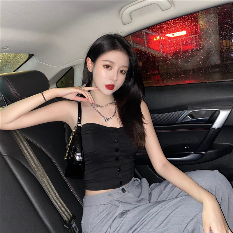 實拍實價女人味修身抹胸女 氣質紐扣露臍上衣打底衫背心