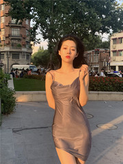 Real auction real price gray asymmetric hem strap slim dress with tie skirt