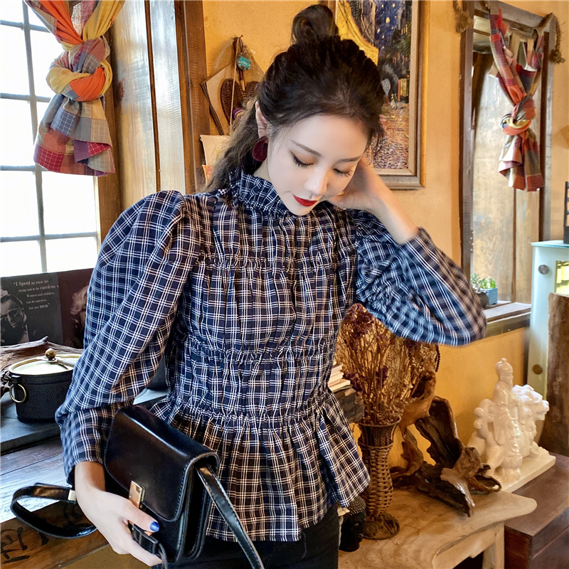 Real price early summer court Plaid long sleeve shirt retro stand collar Pullover waist shirt versatile top