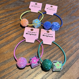 【清仓】韩国Pom pom发饰彩色砂糖球方块透花朵爱心皮筋头绳发圈