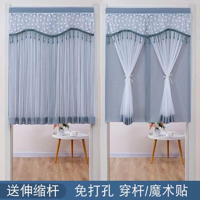 蕾丝门帘家用四季半截免打孔魔术贴短帘卧室厨房卫生间半帘纱帘