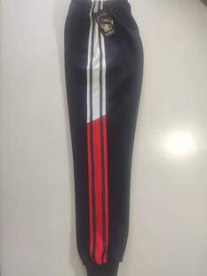 可定做中小学生男女校裤拼接上白下红宽边上两道深蓝杠条紧口全棉