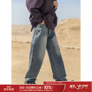 子 男生潮牌水洗做旧复古蓝色长裤 吕小虎秋季 高街vibe设计感牛仔裤