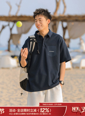 吕小虎夏季美式休闲POLO衫短袖男生潮牌后背字母印花宽松翻领T恤