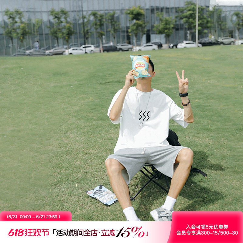 夏季日系复古男士T恤 潮流简约ins波浪印花短袖学生纯棉宽松Tee男