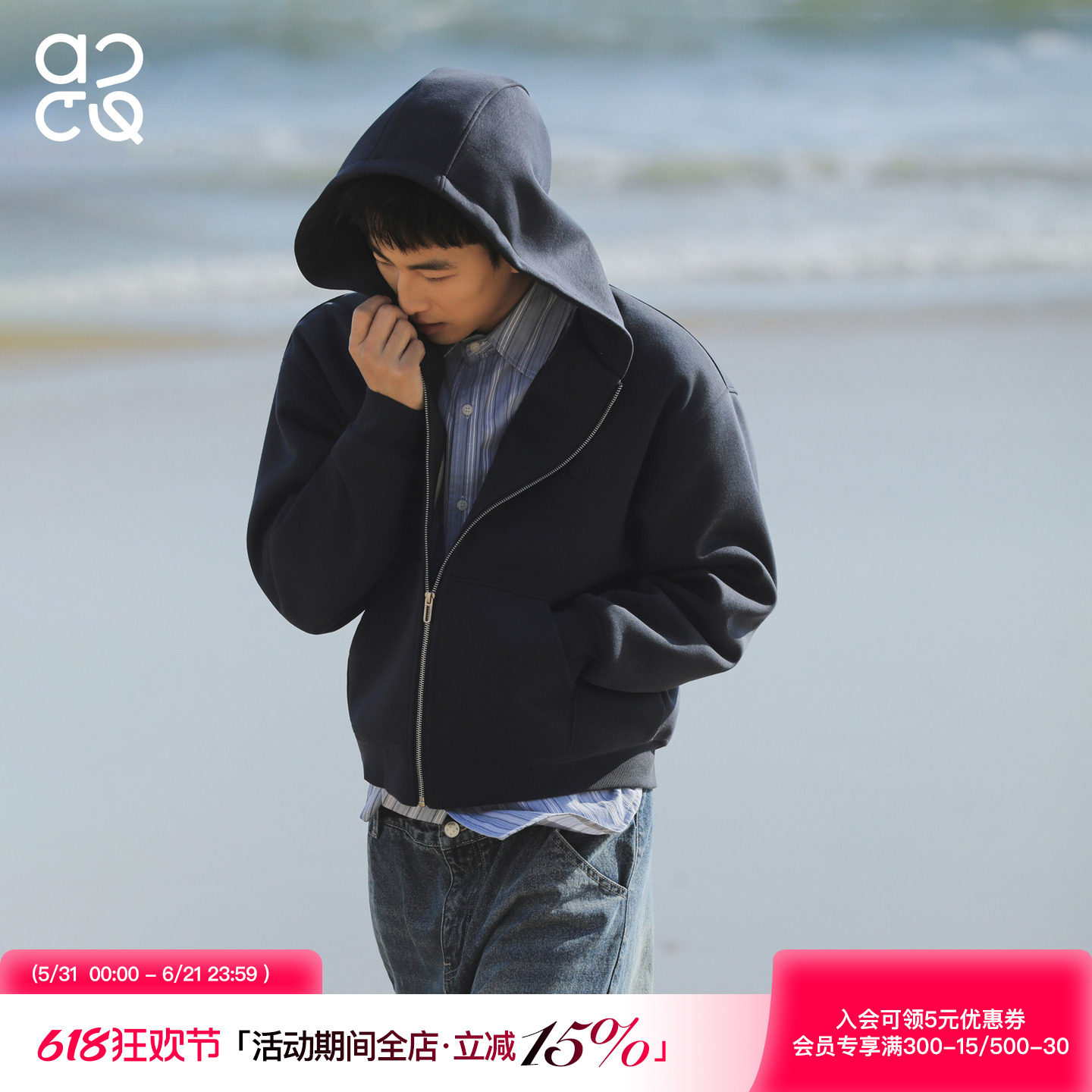 吕小虎ACTUP 春季390g刺绣连帽开衫卫衣男生美式夹克流行拉链外套