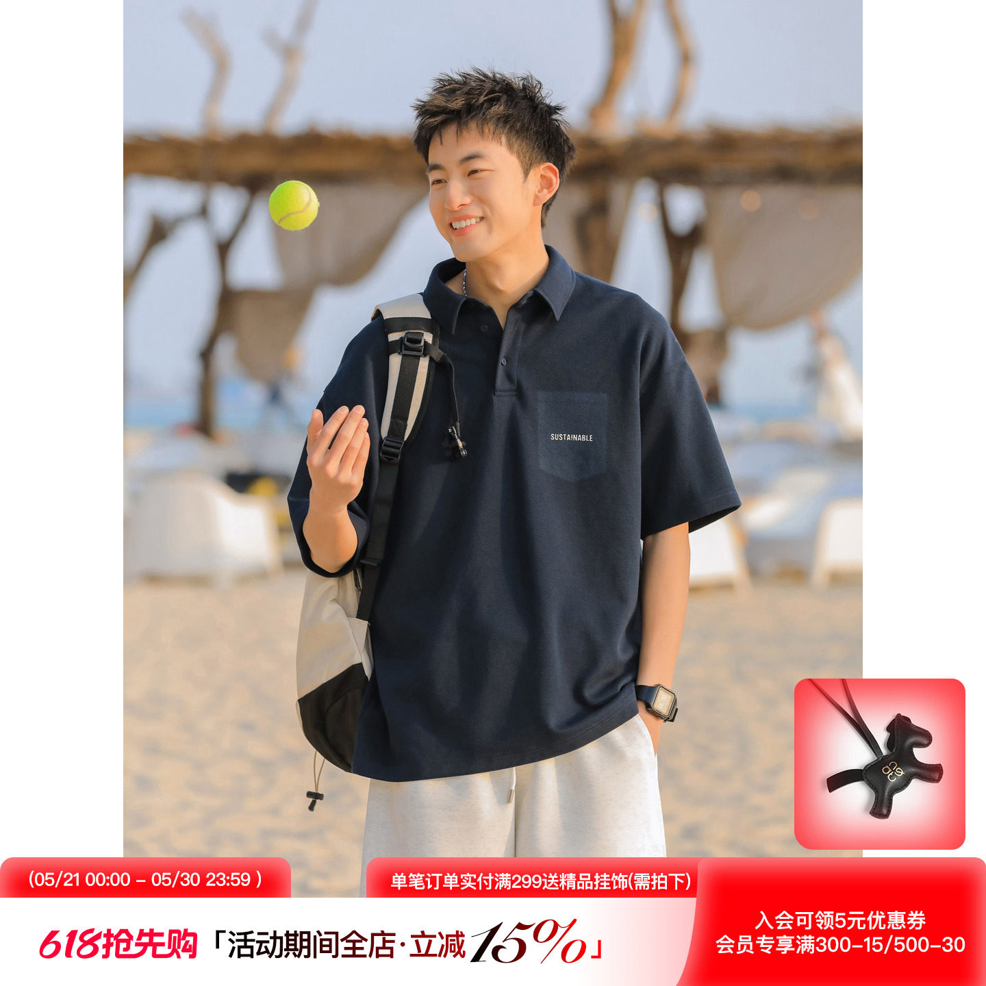 吕小虎夏季美式休闲POLO衫短袖男生潮牌后背字母印花宽松翻领T恤