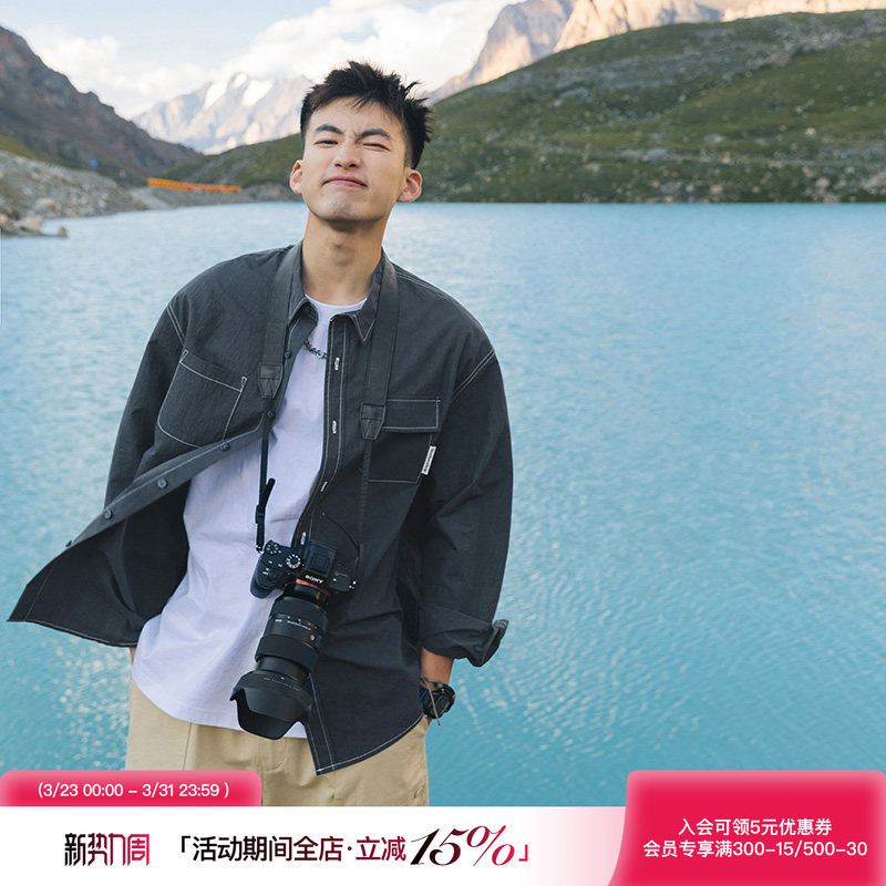 吕小虎男装一套搭配帅气长袖衬衫男青少年衬衣外套口袋工装休闲裤