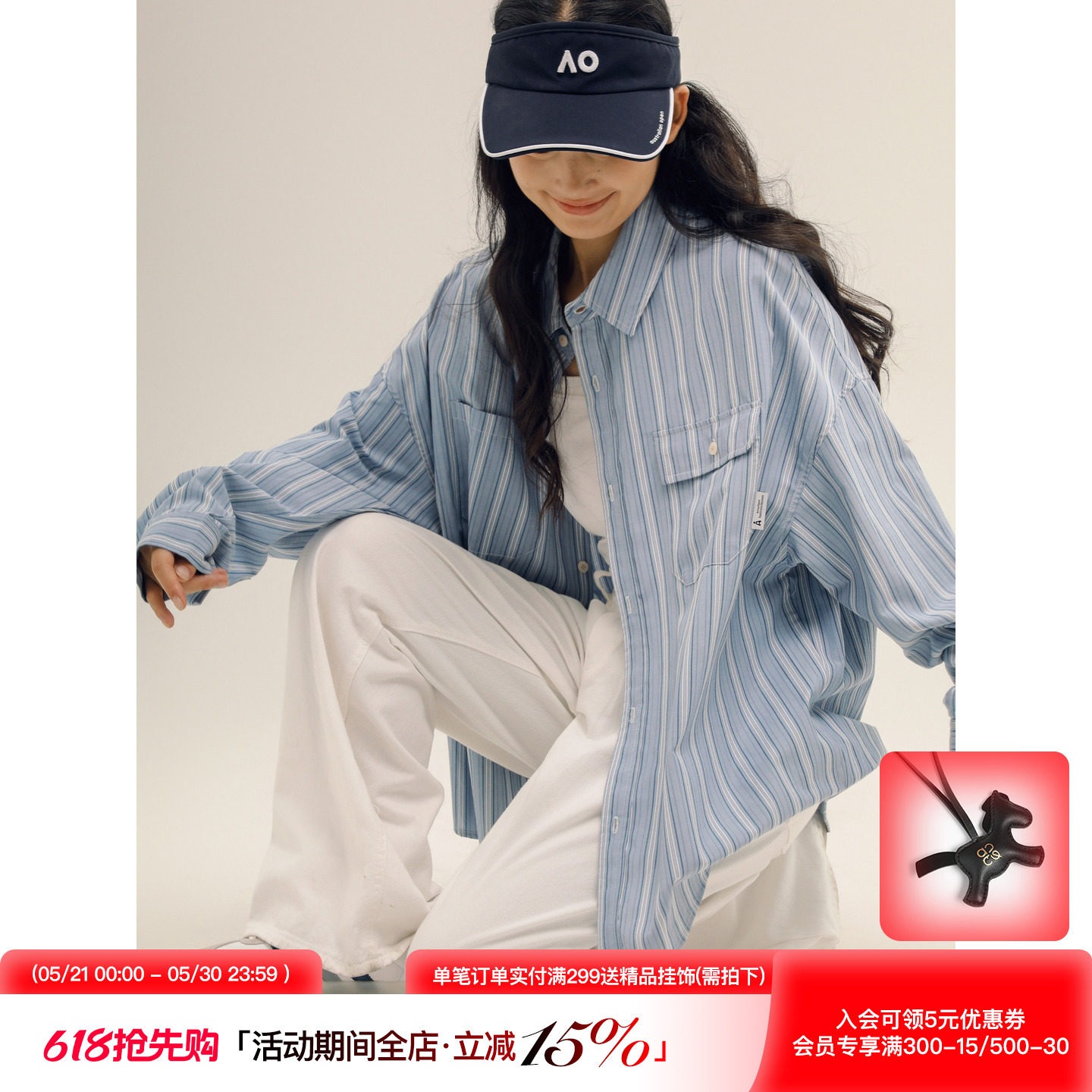 吕小虎ACTUP 潮牌ins条纹翻领长袖衬衫男春季不规则口袋衬衣外套