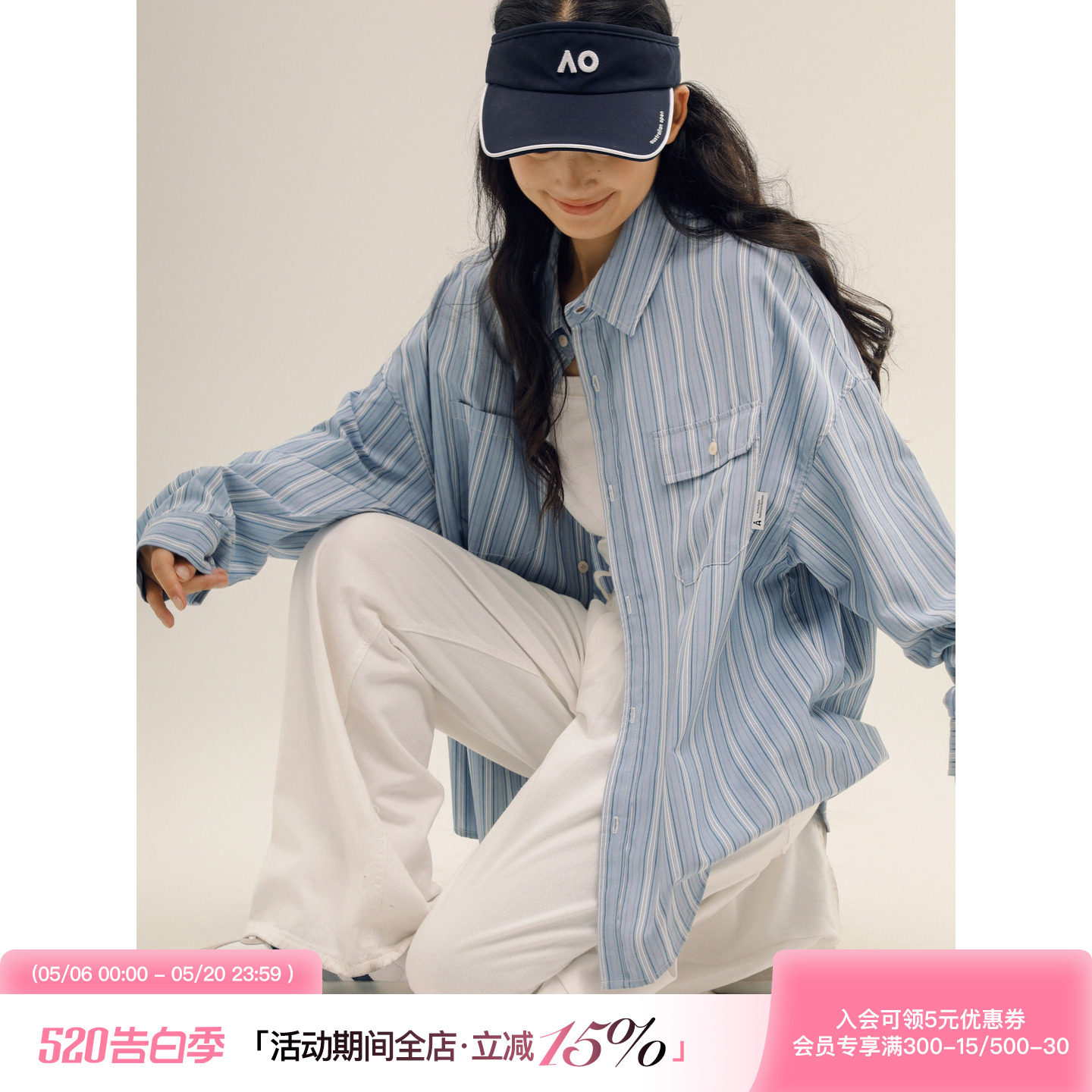 吕小虎ACTUP 潮牌ins条纹翻领长袖衬衫男春季不规则口袋衬衣外套