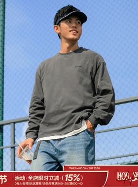 吕小虎ACTUP 春季水洗做旧高级感长袖T恤男士纯棉刺绣打底衫上衣