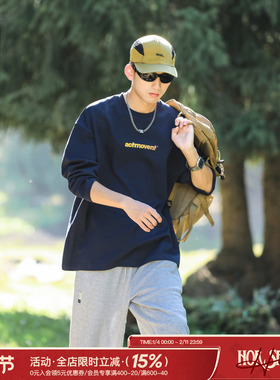 吕小虎高级感痞帅长袖t恤男士春季宽松上衣男生藏青色内搭打底衫