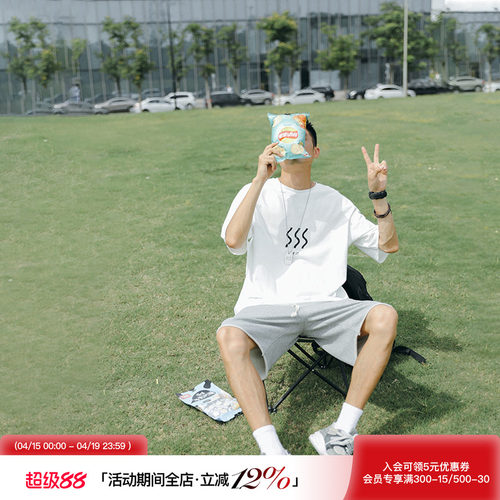 日系复古ins波浪印花学生男士t恤