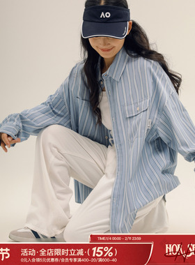 吕小虎ACTUP 潮牌ins条纹翻领长袖衬衫男春季不规则口袋衬衣外套