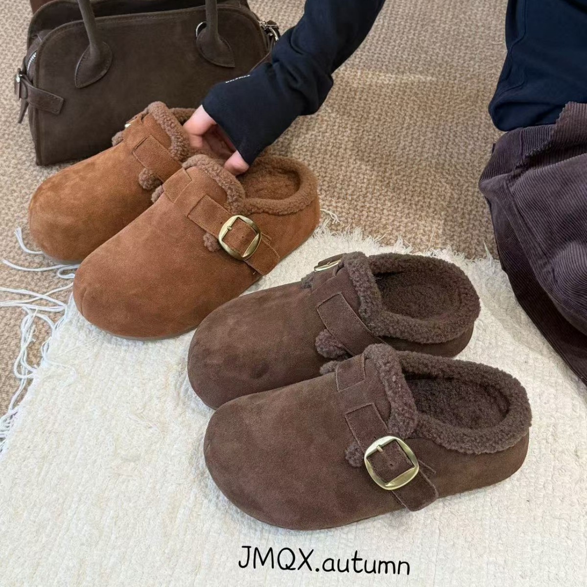 JMQX厚底牛皮包头半拖勃肯鞋女新款百搭增高休闲一脚蹬懒人鞋女鞋