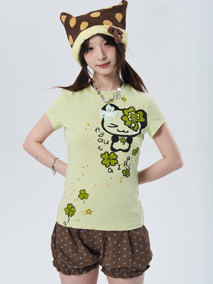 thumbnail for About girl双色童趣四叶草熊印花“Four-leaf Clover”短袖T恤