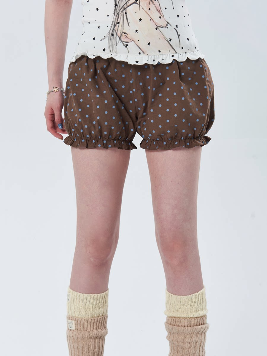 thumbnail for About girl深棕撞色波点印花松紧腰短裤女亚萌感宽松花苞纯棉热裤