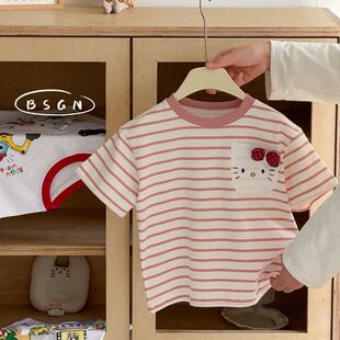 卡通印花上衣女宝宝洋气条纹圆领衫 2026新款 可爱卡通短袖 儿童夏季