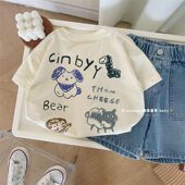 卡通图案涂鸦纯棉短袖 夏季 儿童新款 宽松t恤韩系纯色男女童薄上衣