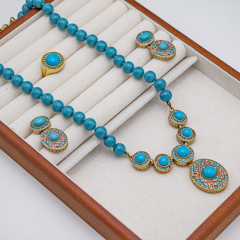 新款中古绿松石套装民族风s925银针耳钉满天星开口戒指毛衣链女