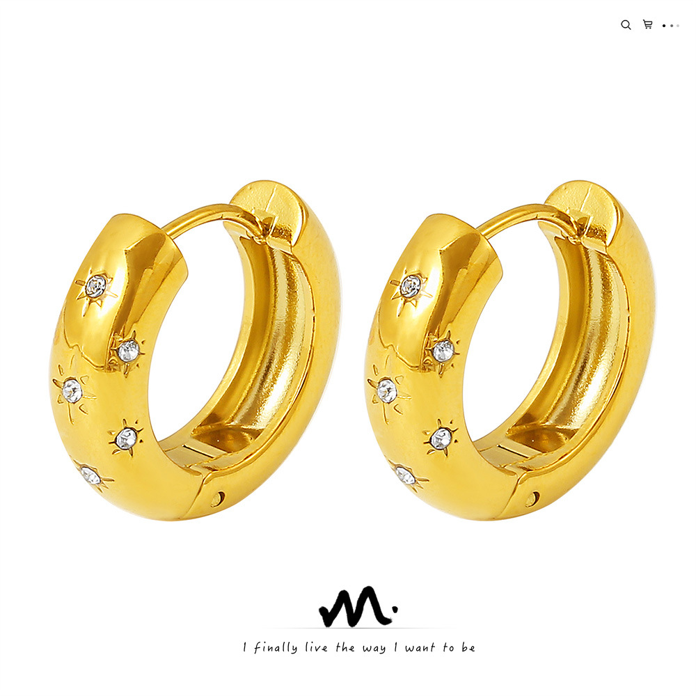 法式复古气质微镶钻圆形八芒星钛钢耳圈热销18K真金素圈耳扣