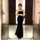 性感一字肩挂脖黑色鱼尾长裙高级感修身 宴会礼服女丝绒包臀连衣裙